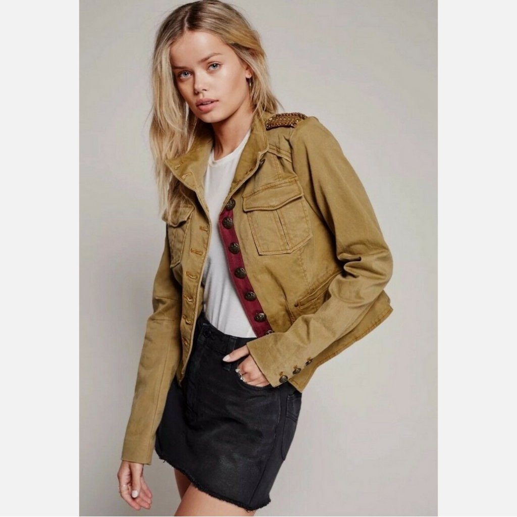 Free People Shrunken Officer Military Jacket Sand